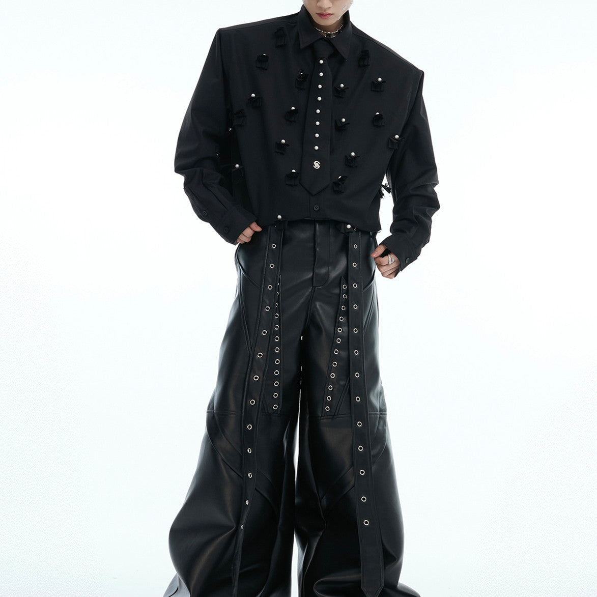 Niche Pearl Embellished Padded Shoulder Shirt Men's Tie Stitching Loose Cardigan