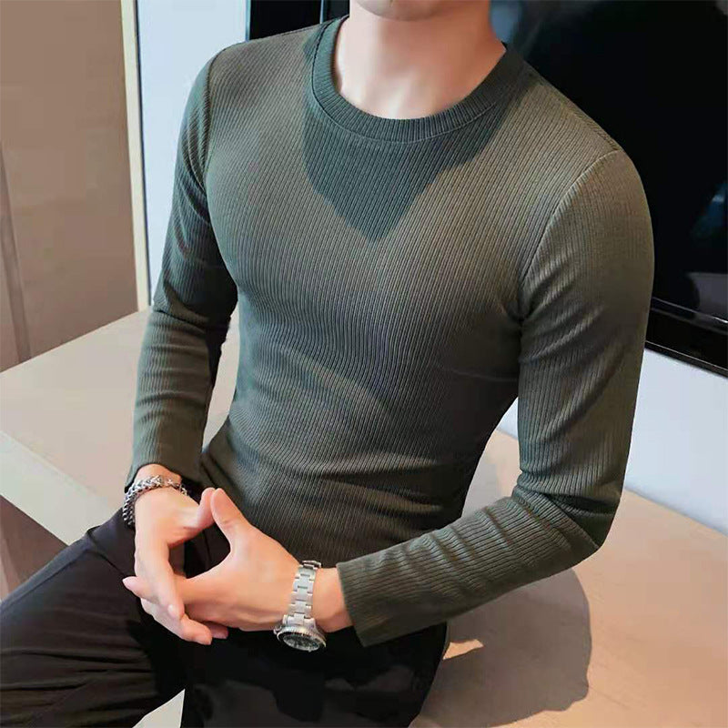 British Fashion Trendy Round Neck Slim Fit Solid Color Casual Long Sleeves