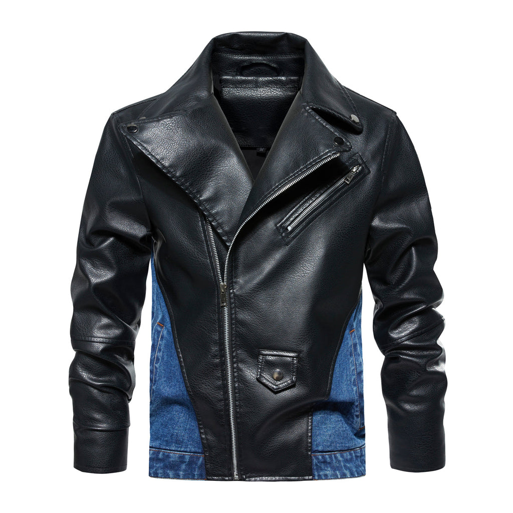 Men's Patchwork Denim Jacket, Diagonal Zipper Collared Work Jacket