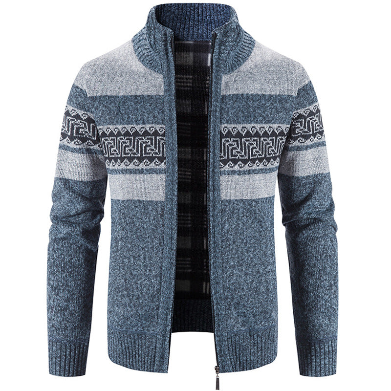 Casual Men's Hooded Color Block Printed Cardigan Knitted Cardigan Sweater Jacket