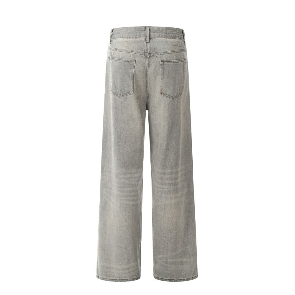 Punk Vintage Wash Denim Straight Wide Leg Pants Men
