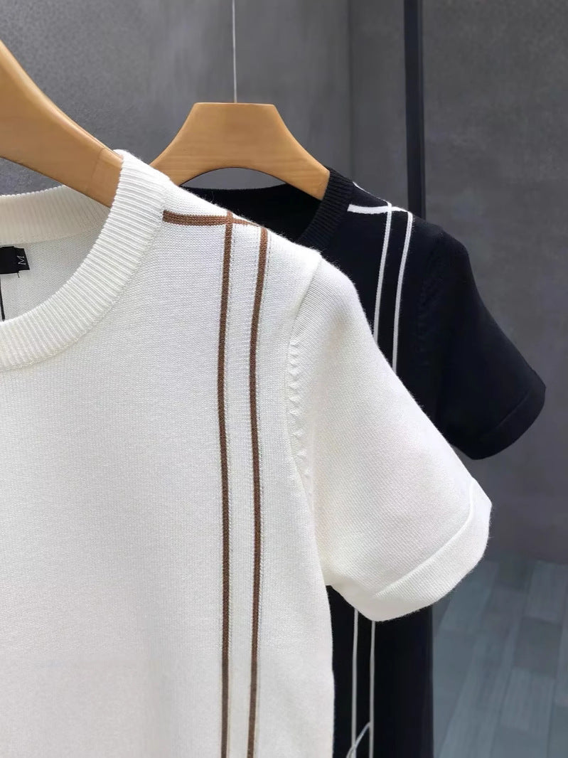 Striped Knitted Ice Silk Short Sleeve Men's Youth Slim Fit Summer High-end Retro T-shirt