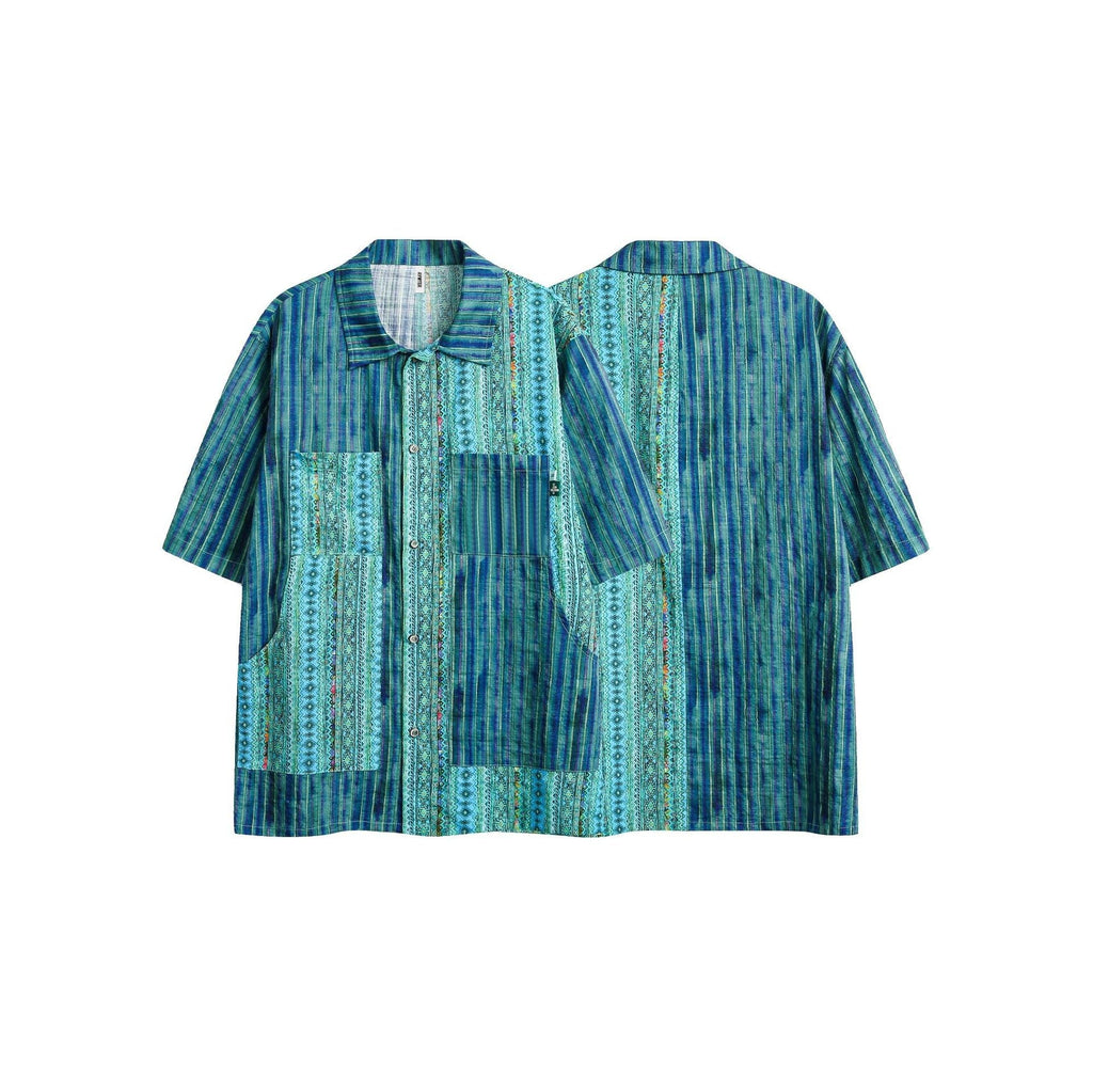 Retro Ethnic Style Patchwork Stripes Short Sleeve Men's Loose Shirt