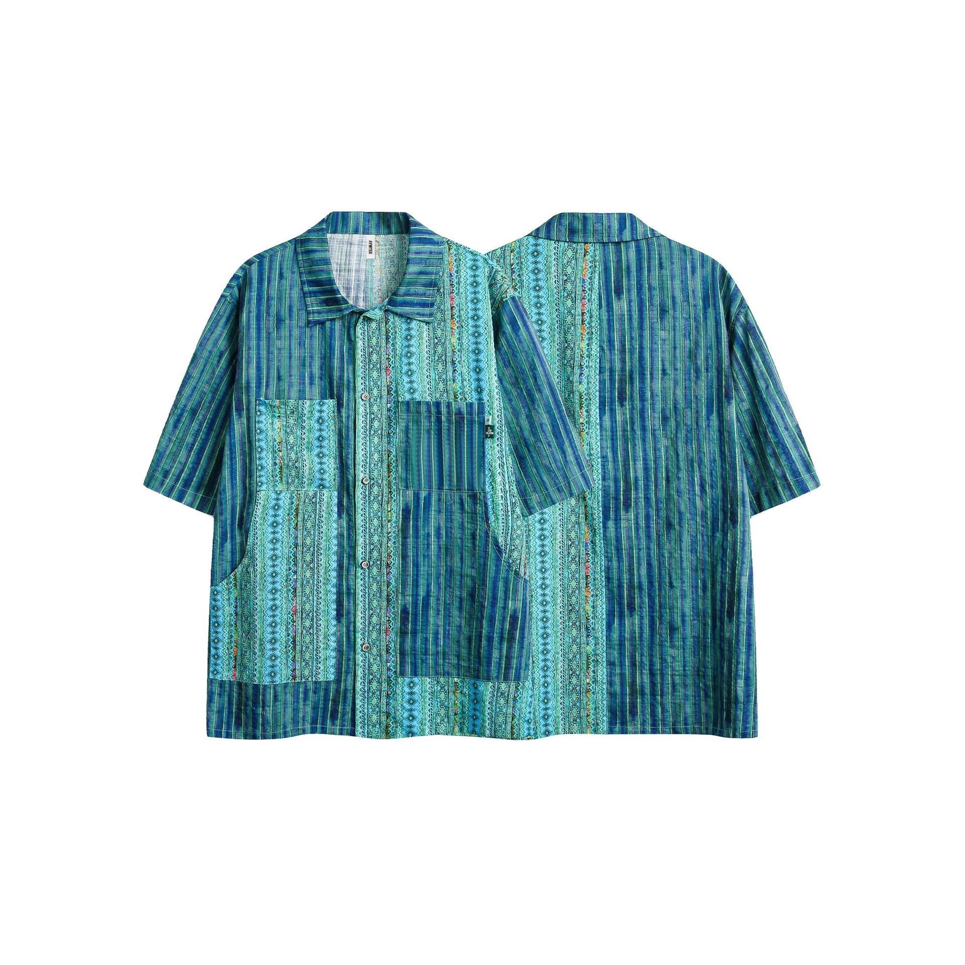 Retro Ethnic Style Patchwork Stripes Short Sleeve Men's Loose Shirt