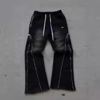 Retro Washed Casual Sports Pants Zipper Decorations High Street