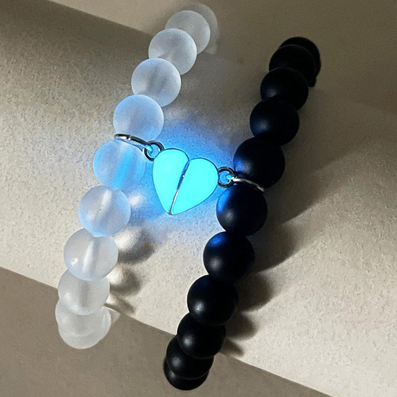 2pcs Handmade Crown Beaded Charms Bracelet Heart Glow In The Dark Couple Bracelet