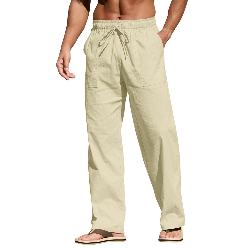 Men's Cotton And Linen Beach Trousers Drawstring Elastic Waist Straight Comfortable Breathable