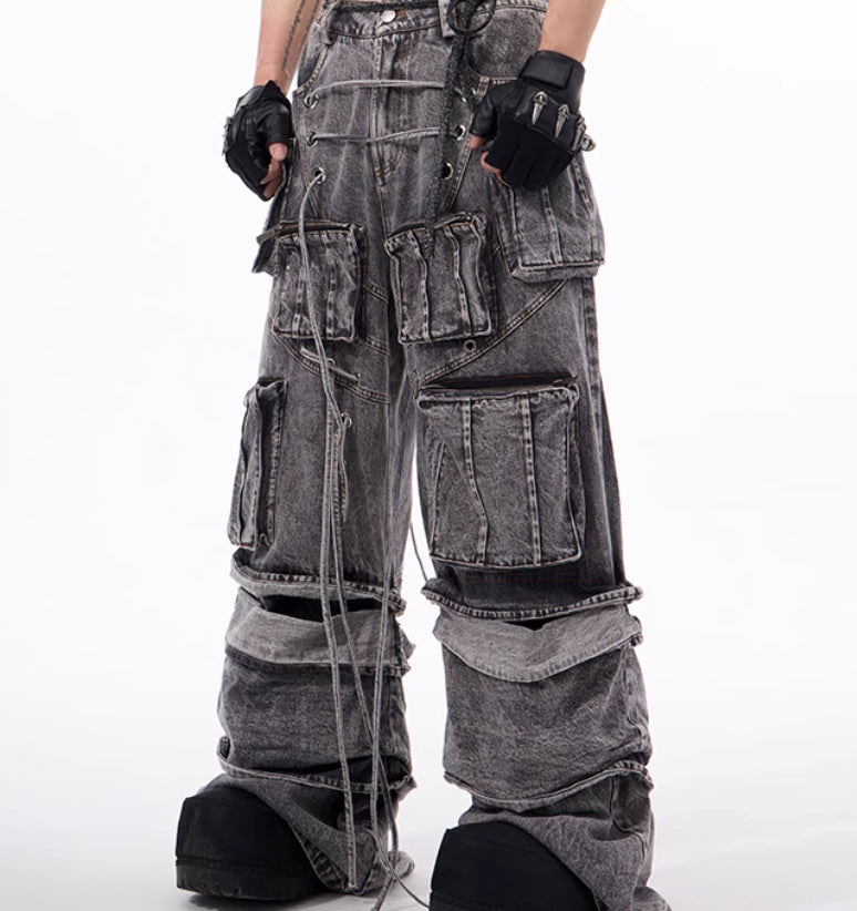 American-style Distressed Overalls Rope Stitching Mop Pants