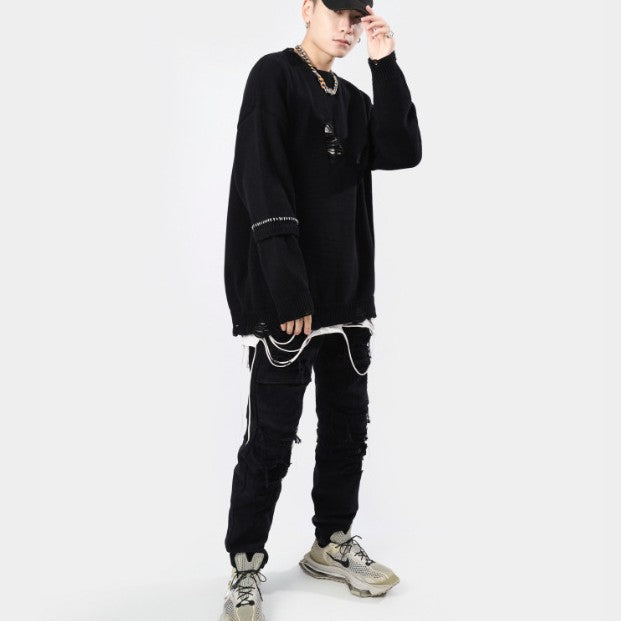 Crew Neck Pullover Sweater Wool Embroidery Loose