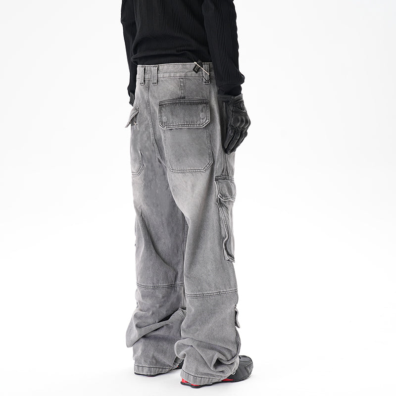 Distressed Multi-pocket Casual Loose Straight-leg Denim Overalls