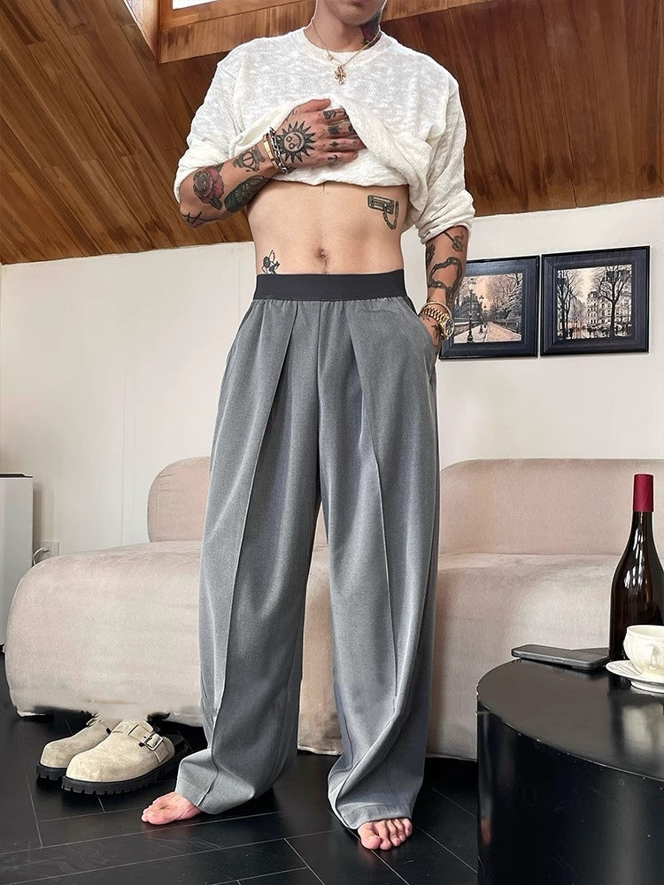Simple Contrast Color Elastic Waist Casual Pants Men's Fashion Wide-leg Trousers
