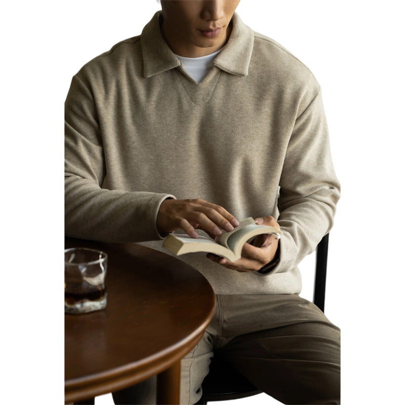 Woolen Drop-shoulder Sleeve V-neck Polo Shirt Men Casual Long Sleeve T-shirt