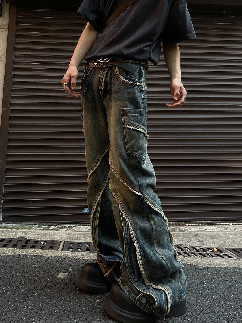 Stitching Edging Zipper Slightly Flared Jeans Loose Draggle-tail Trousers