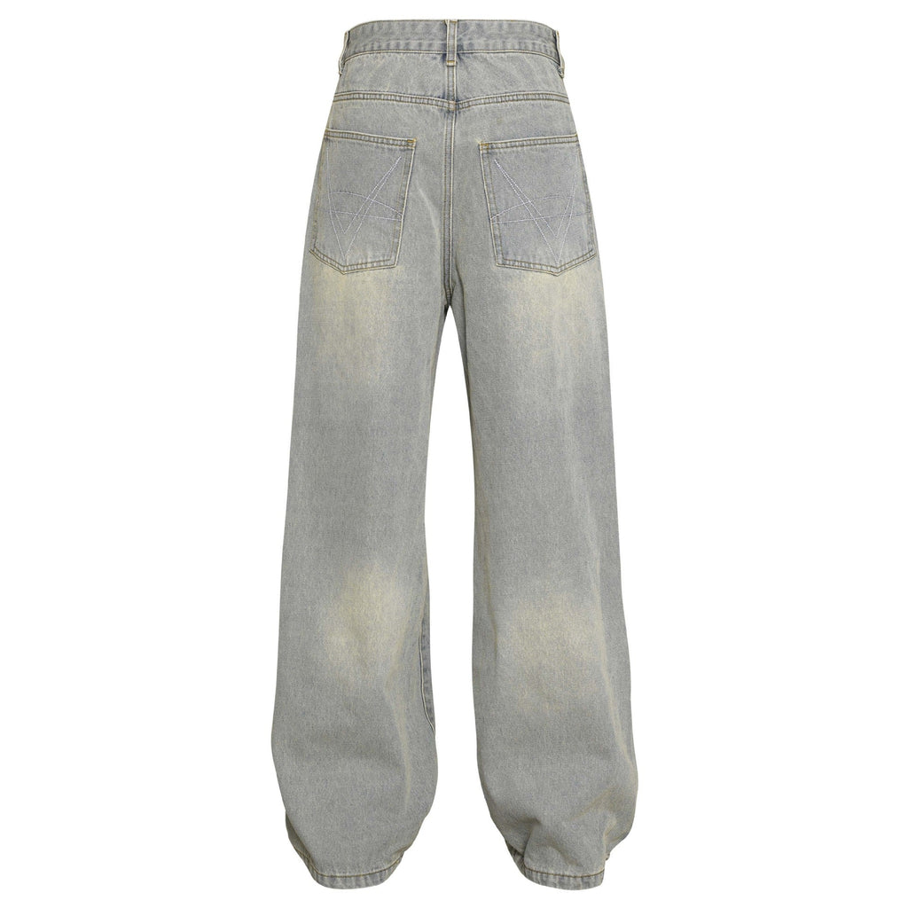 Washed Distressed Embroidery Tassel Jeans Wide-leg Straight Trousers