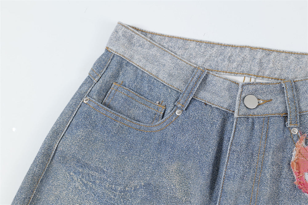 Design Color Matching Lace Denim Straight-leg Trousers Fashion