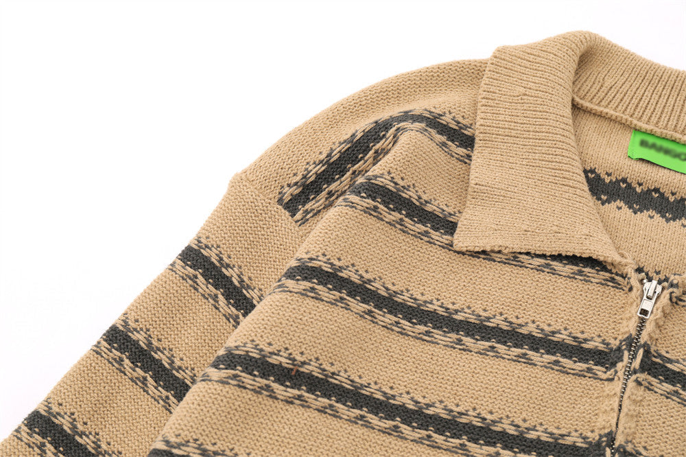 Crocheted Striped Lapel Sweater Men's European And American Loose