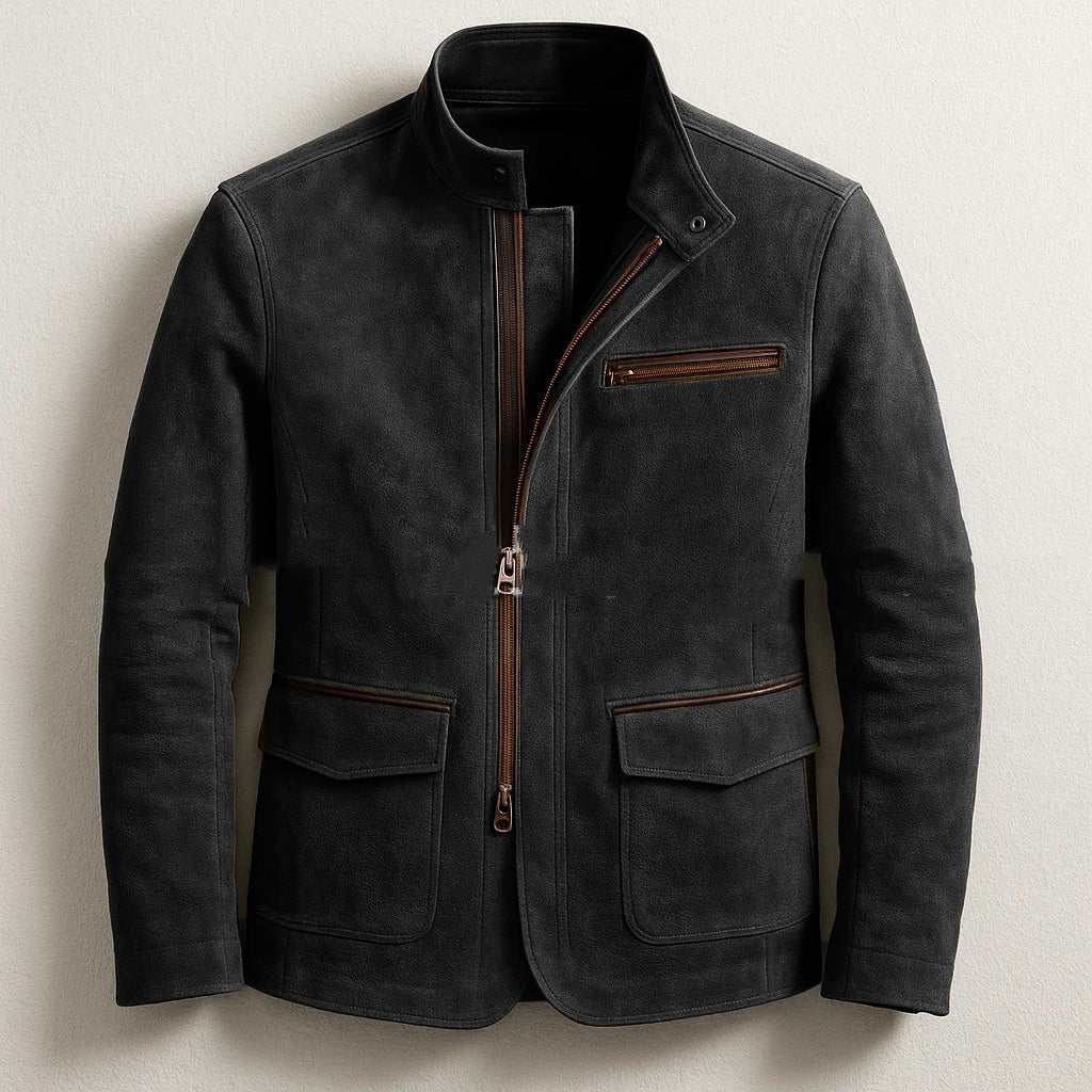 Mens Stand-Up Collar Zip-Up Jacket Casual Vintage Outerwear