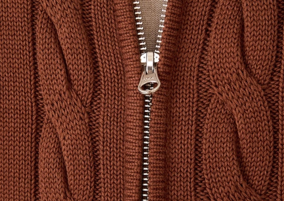 Pure Cotton Knitted British Thickened Twisted Double Zipper Cardigan