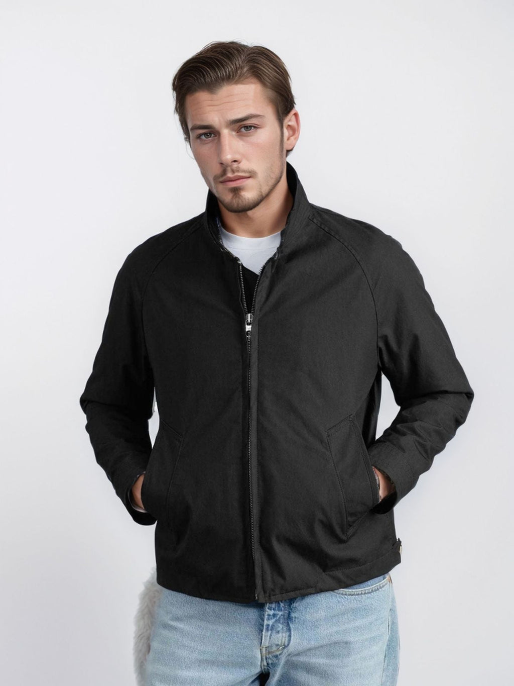 Stand Collar Zipper Solid Color Jacket Coat