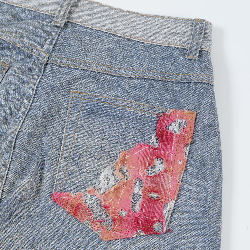 Design Color Matching Lace Denim Straight-leg Trousers Fashion