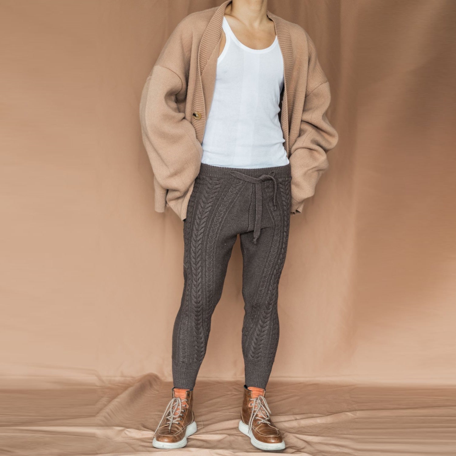 Teenager Straight Solid Color Woolen Mid Waist Trousers Men