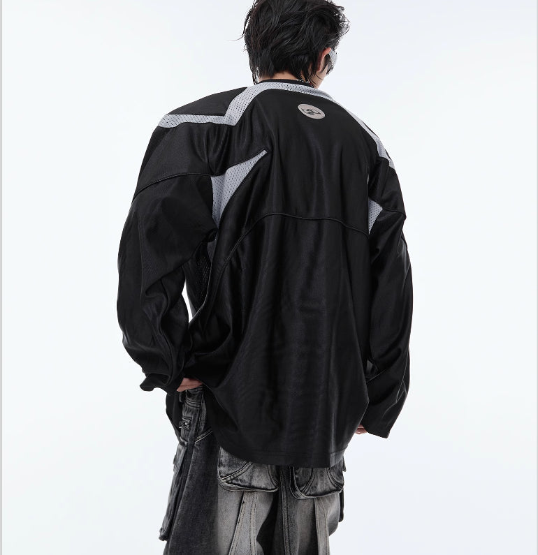 V-collar Contrast Color Padded Shoulder Long Sleeve American Retro Outdoor Sports Top