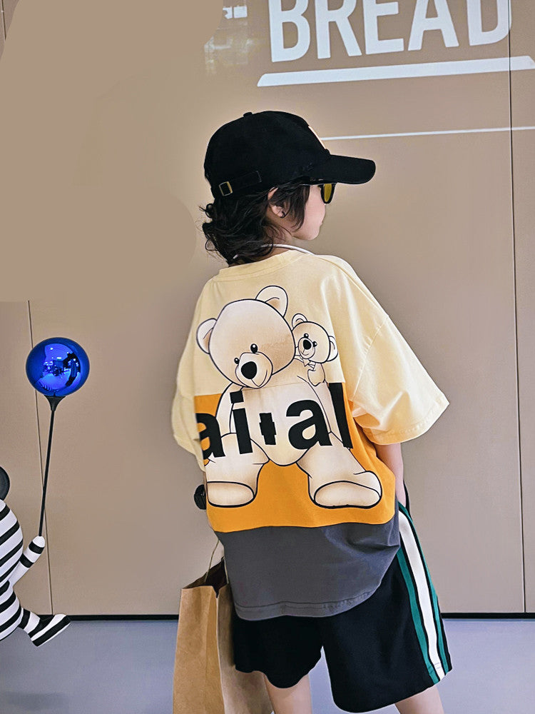 Children's Hip Hop Loose Contrast Color Cartoon Print Half Sleeve Top