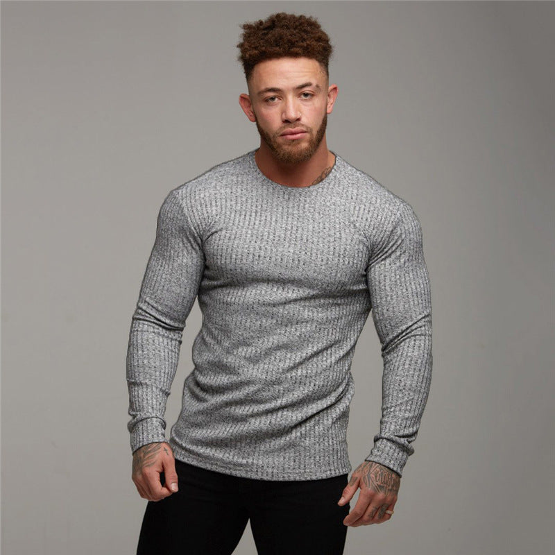 New Sports Bottoming Shirt Men's Fitness Casual Men's Slim Knit Sweater Long-Sleeved T-Shirt