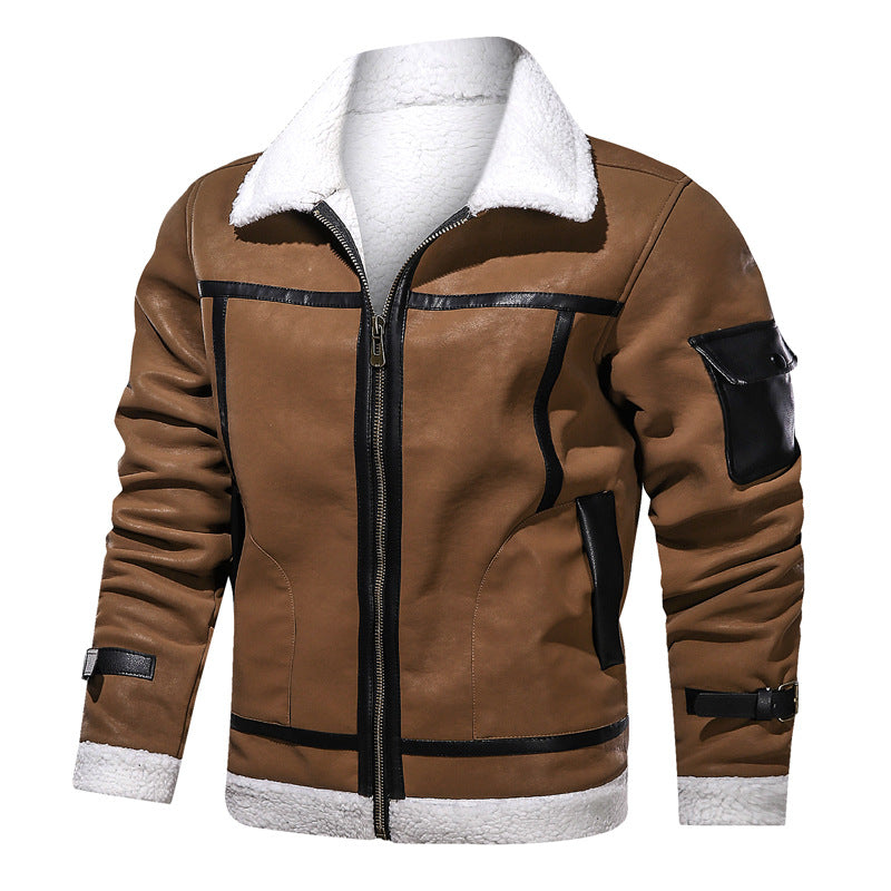 Men's European And American Style Lapel Plus Velvet Leather Jacket