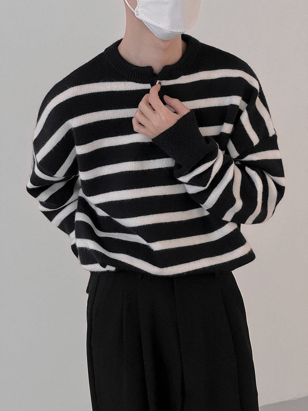 Textured Striped Sweater Boys Button Round Neck Autumn Leisure Sweater