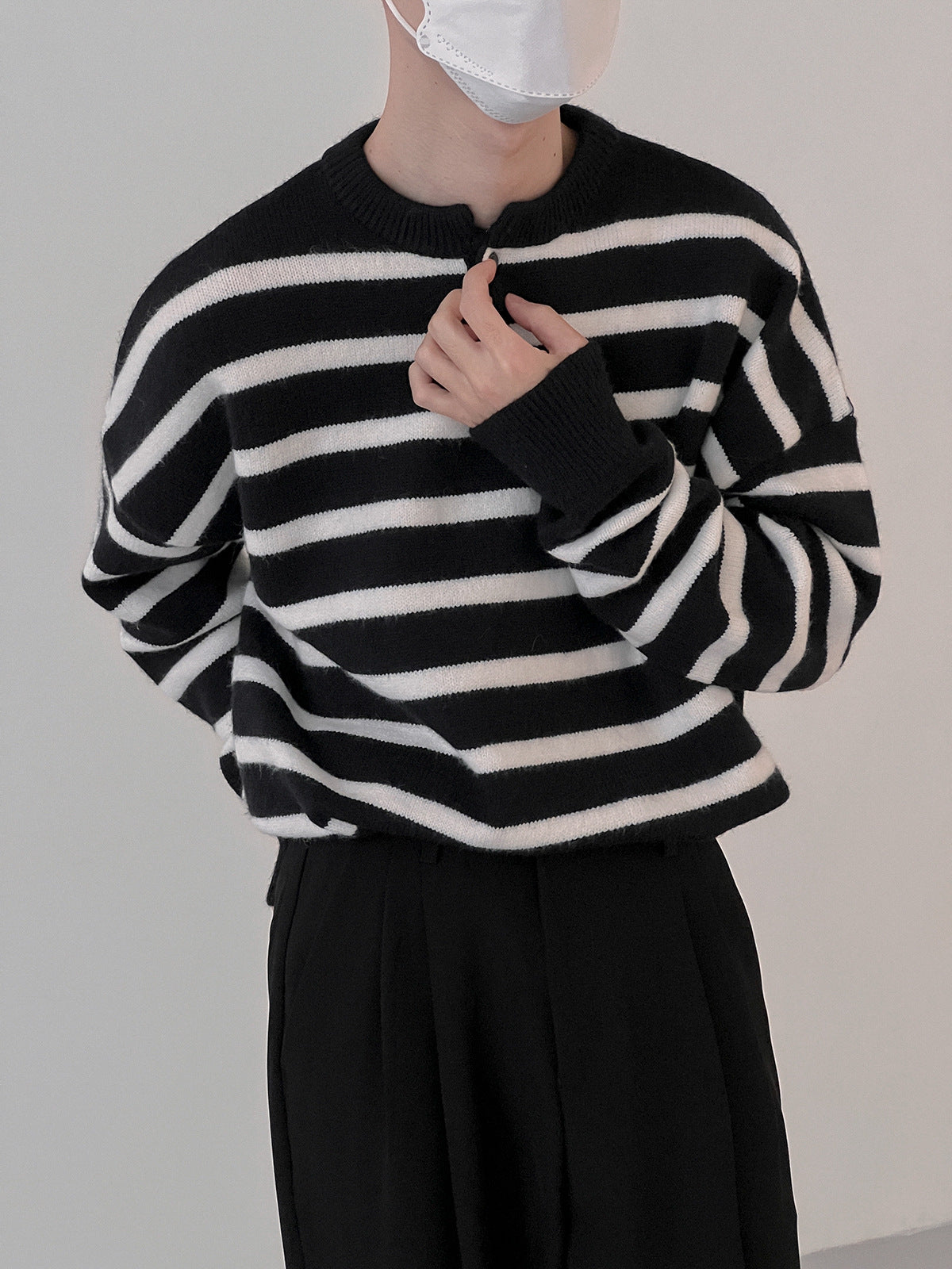 Textured Striped Sweater Boys Button Round Neck Autumn Leisure Sweater