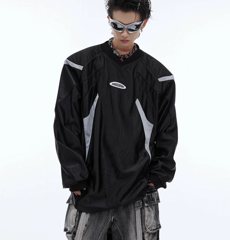 V-collar Contrast Color Padded Shoulder Long Sleeve American Retro Outdoor Sports Top