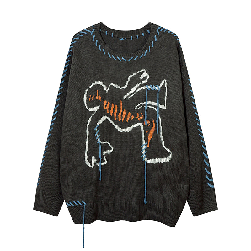 Fringed Sweater Round Neck Sweater With Rope Stitching
