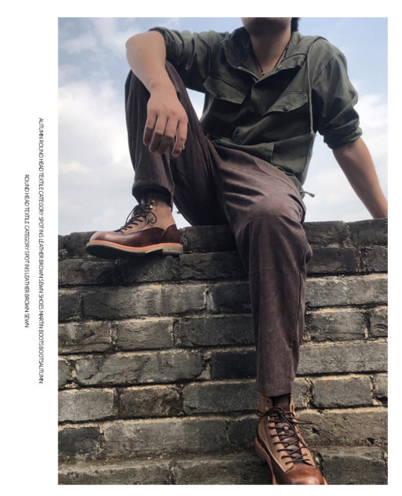 Fashion Contrast Color Cowhide Tooling Men's Boots