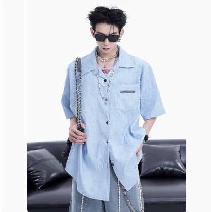 Niche Design Pleated Textured Short Shirt Men's Tops