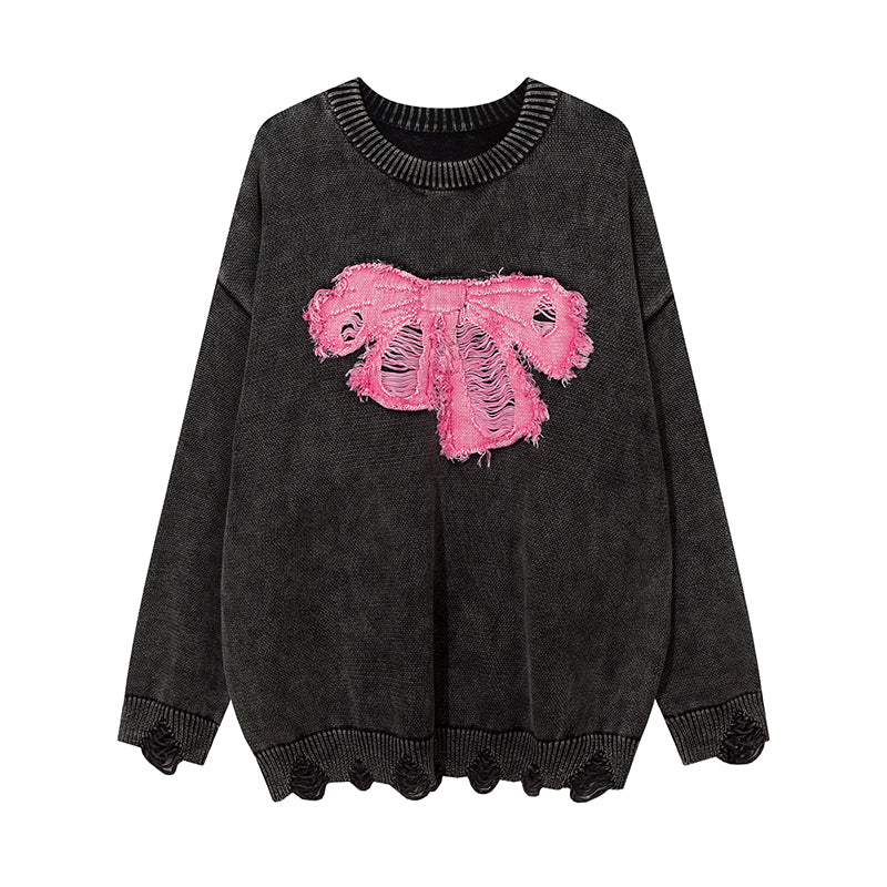 Contrast Color Paste Cloth Embroidery Bow Pullover