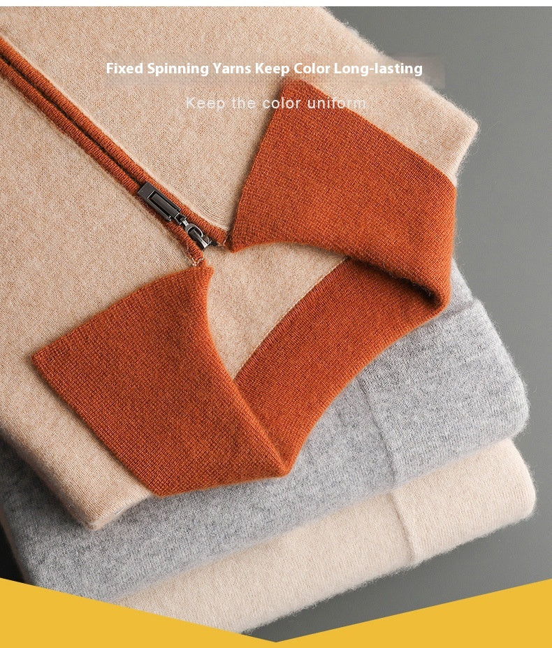 Foreign Trade Men's Autumn And Winter Contrast Color Wool Knitted Half-open Polo Long-sleeved Fleece Sweater