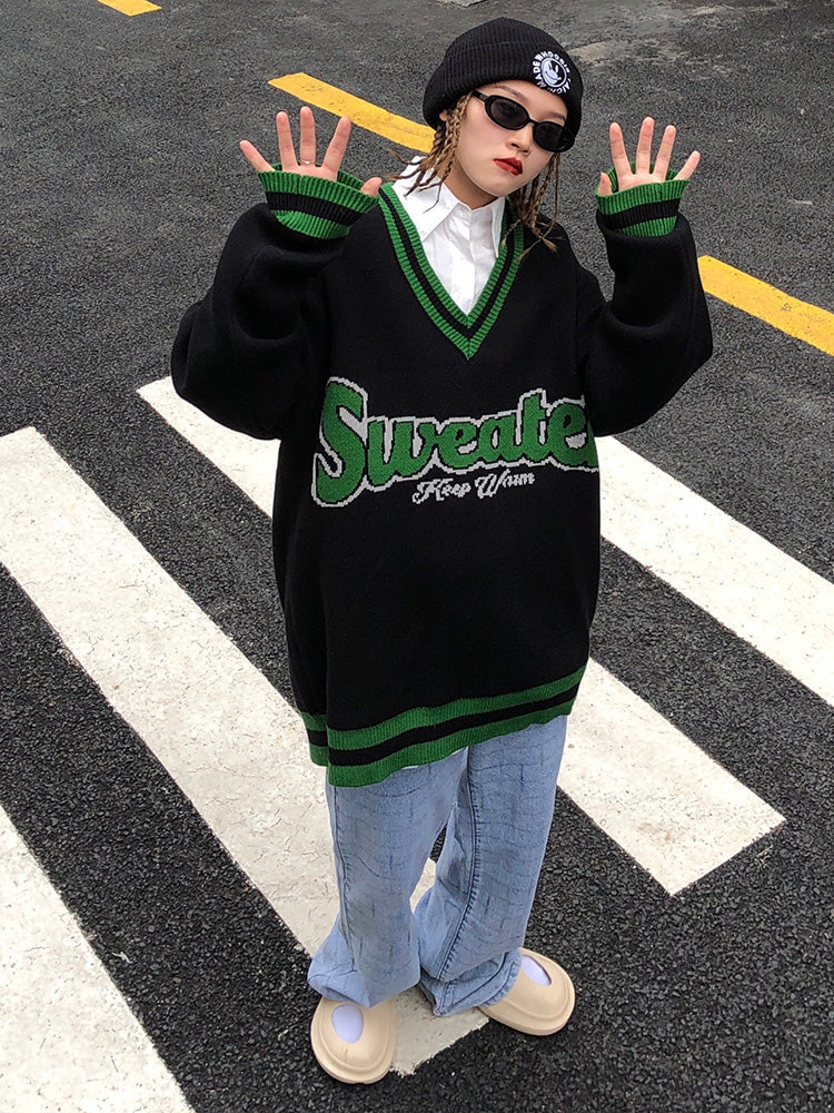Women's Retro American V Neck Long Sleeve Sweater
