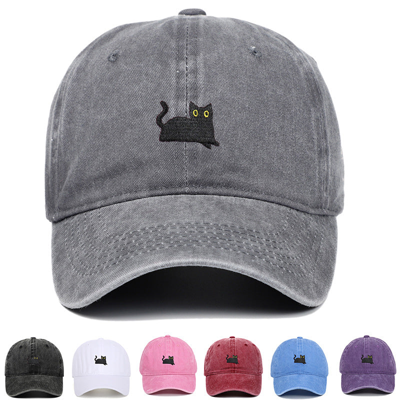 Black Cat Embroidered Washed Baseball Cap Sun Hat
