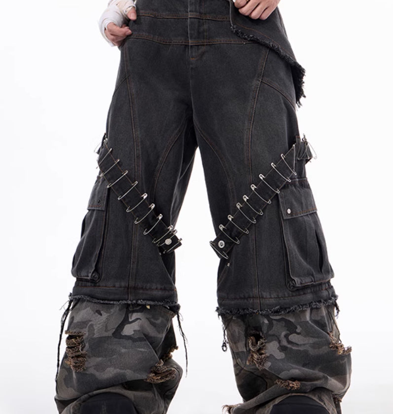 Men's Camouflage Splicing Structure Pin And Ribbon Jeans
