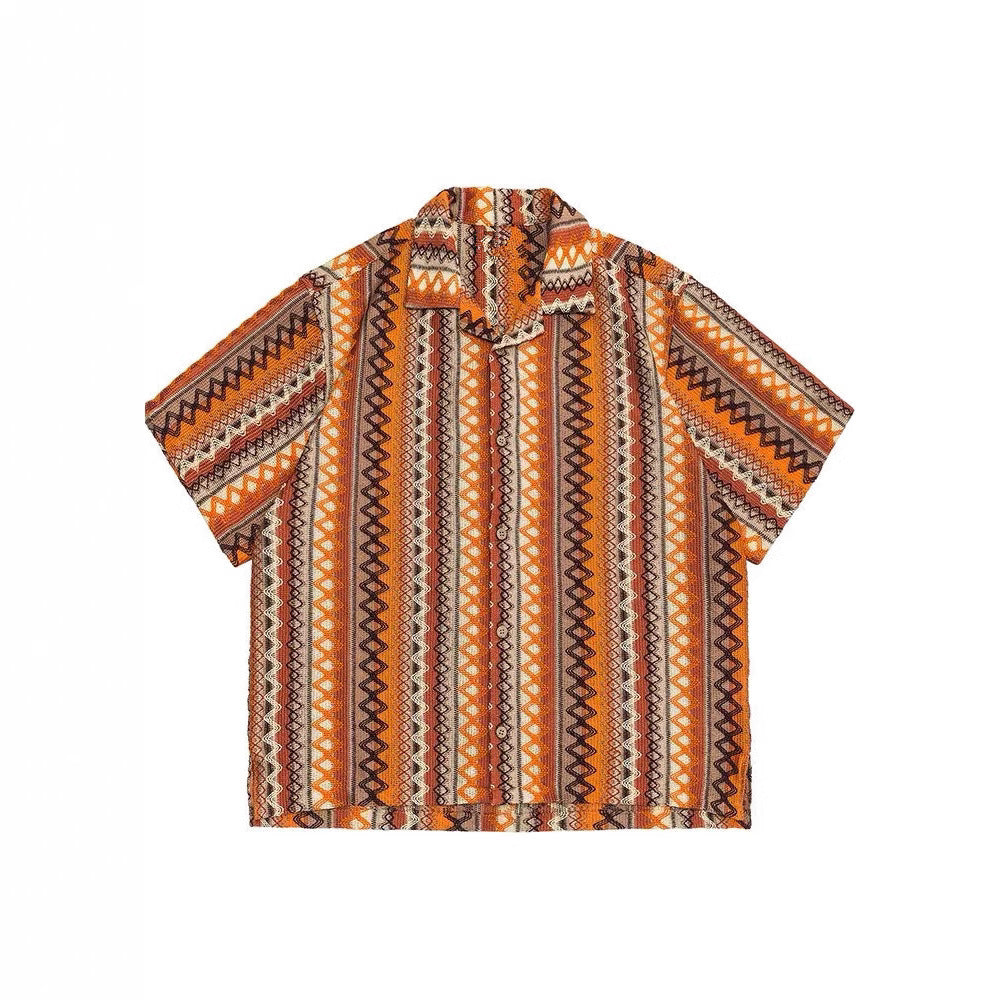 Ethnic Style Woven Contrast Color Cuban Collar Shirt