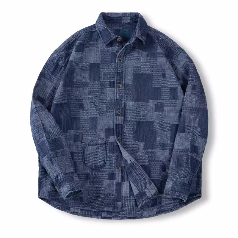 Denim Shirt Plaid Stitching Casual Long Sleeve Shirt