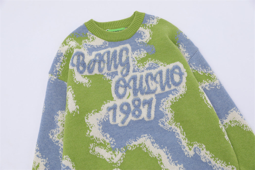 Men's Loose Contrast Color Flocking Letter Pullover Sweater