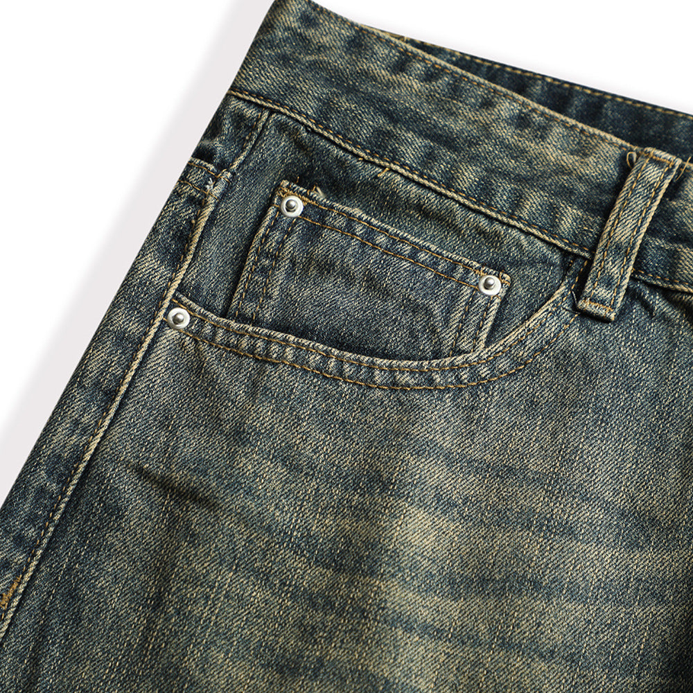 Vintage Men's Loose Yellow Mud Dyed Jeans
