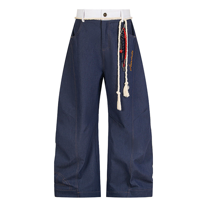 American Retro Waist Strap Stitching Double Waist Machete Design Jeans