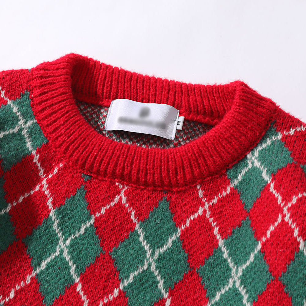 Long Sleeve Rhombus Plaid Deer Knitted Sweater