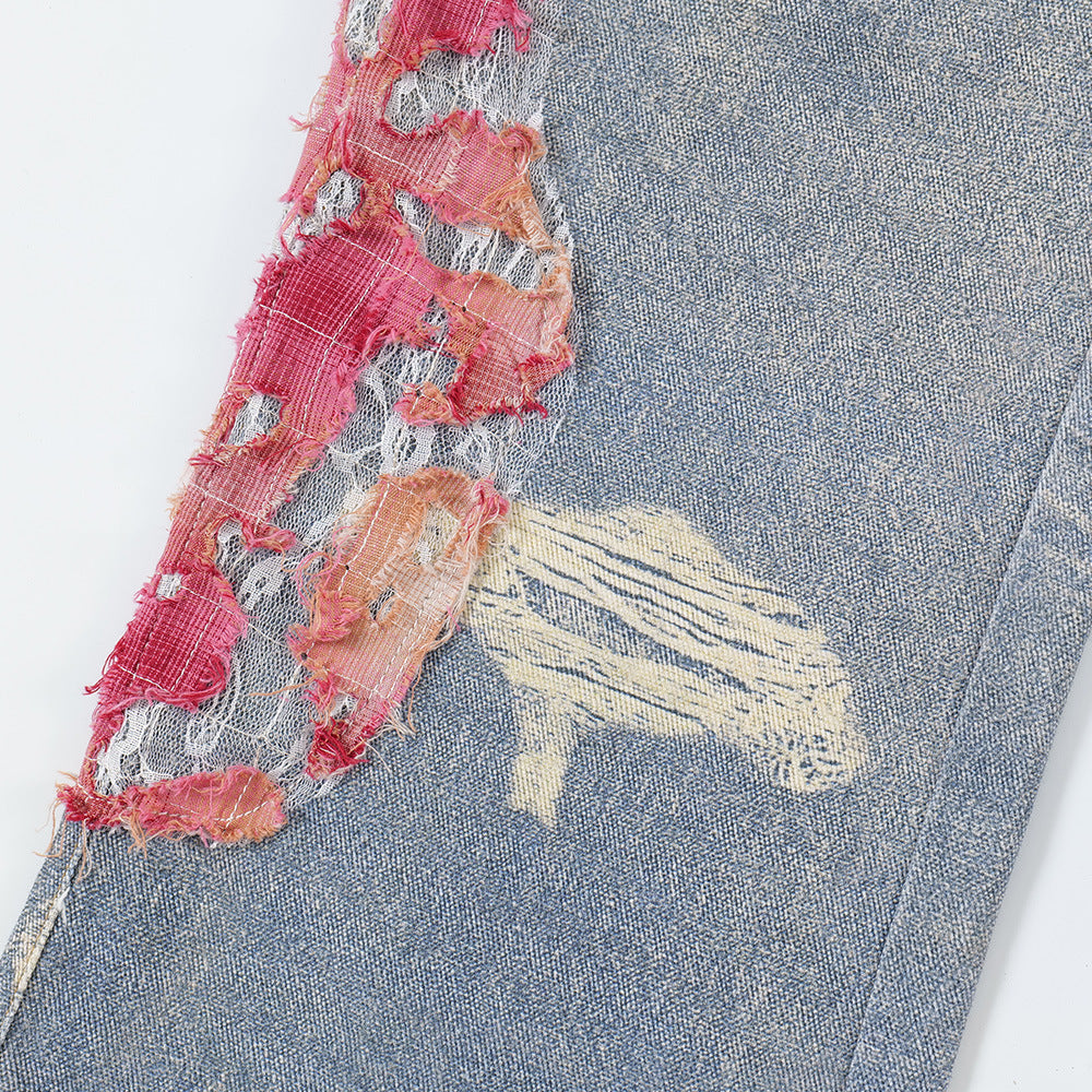 Design Color Matching Lace Denim Straight-leg Trousers Fashion