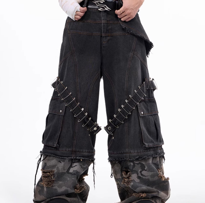 Men's Camouflage Splicing Structure Pin And Ribbon Jeans