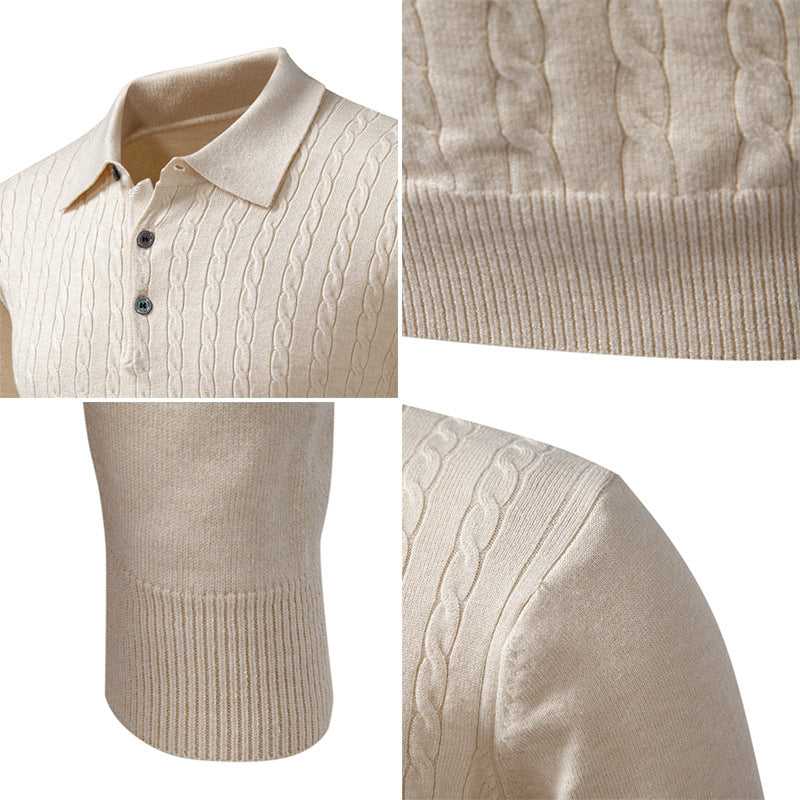 New Twisted Flower Men's Trendy Cardigan Solid Color Polo Collar Knitted Sweater Men