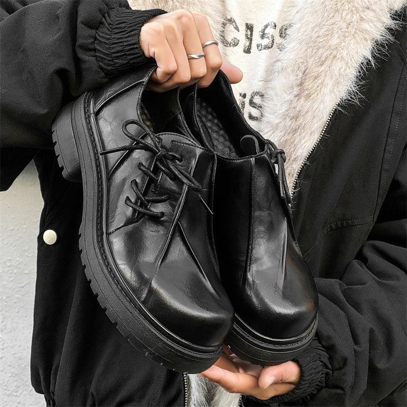 Inner Height Increasing Black Platform Warped Head Leather Shoes